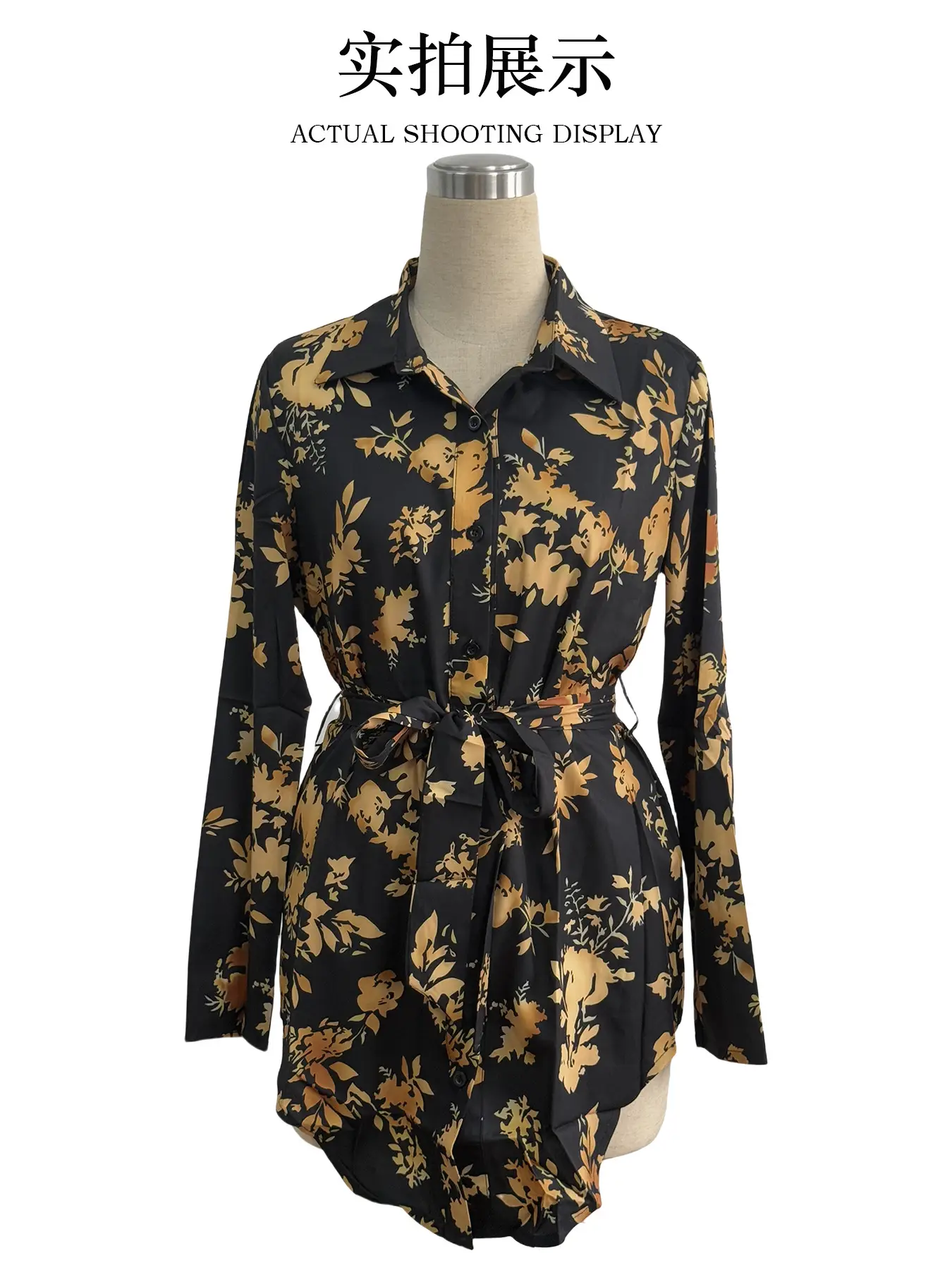 Women Floral Print Belted Long Sleeve Shirt Black Gold — feature 2