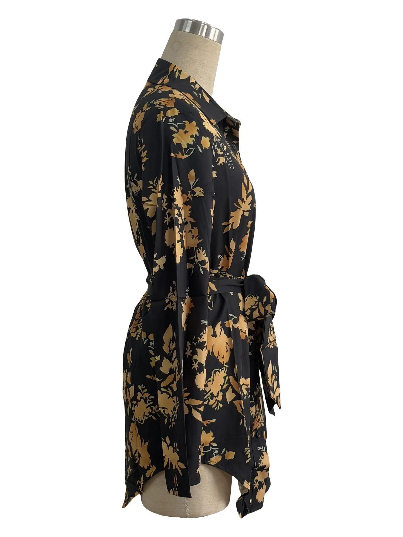 Women Floral Print Belted Long Sleeve Shirt Black Gold — feature 3