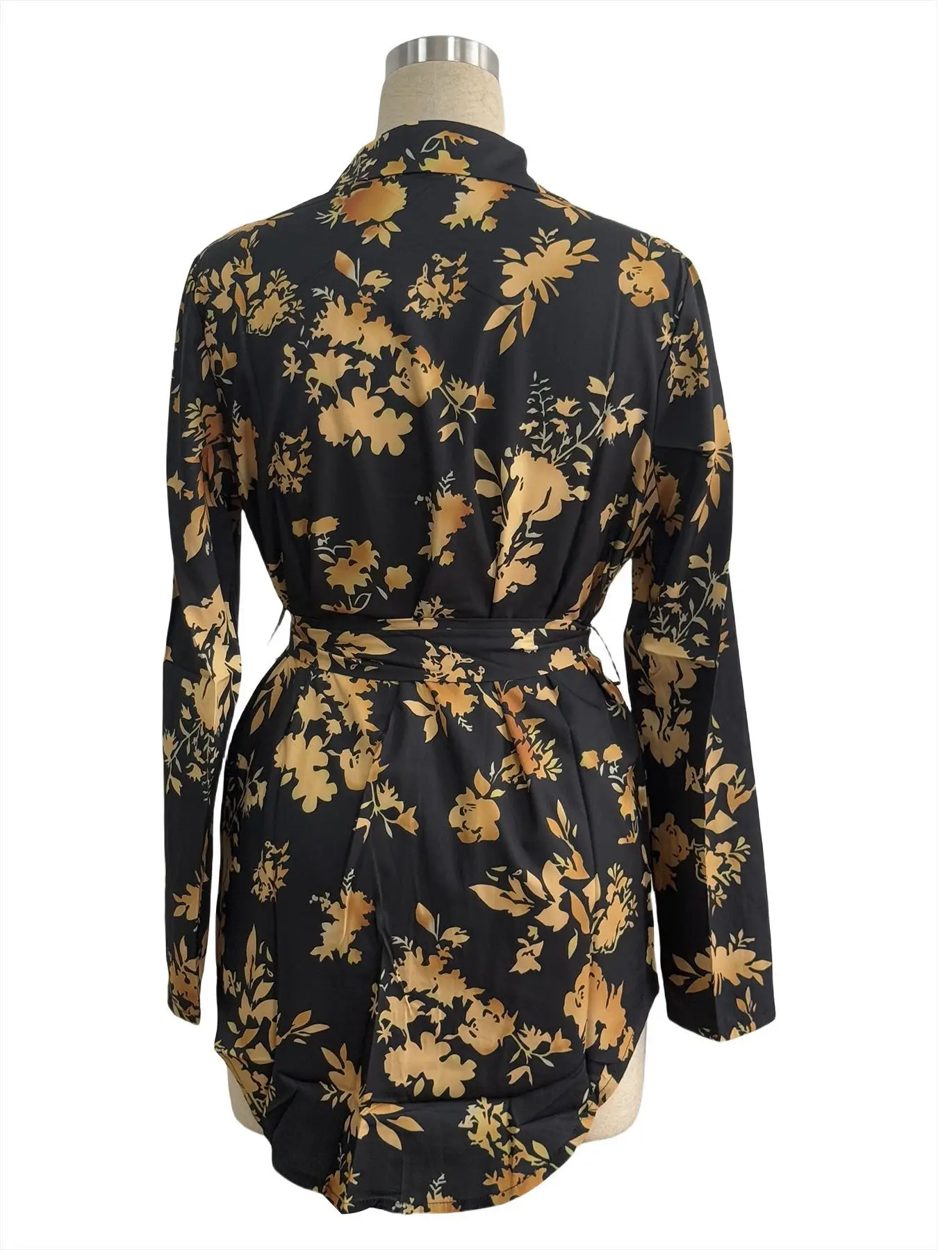 Women Floral Print Belted Long Sleeve Shirt Black Gold — feature 4
