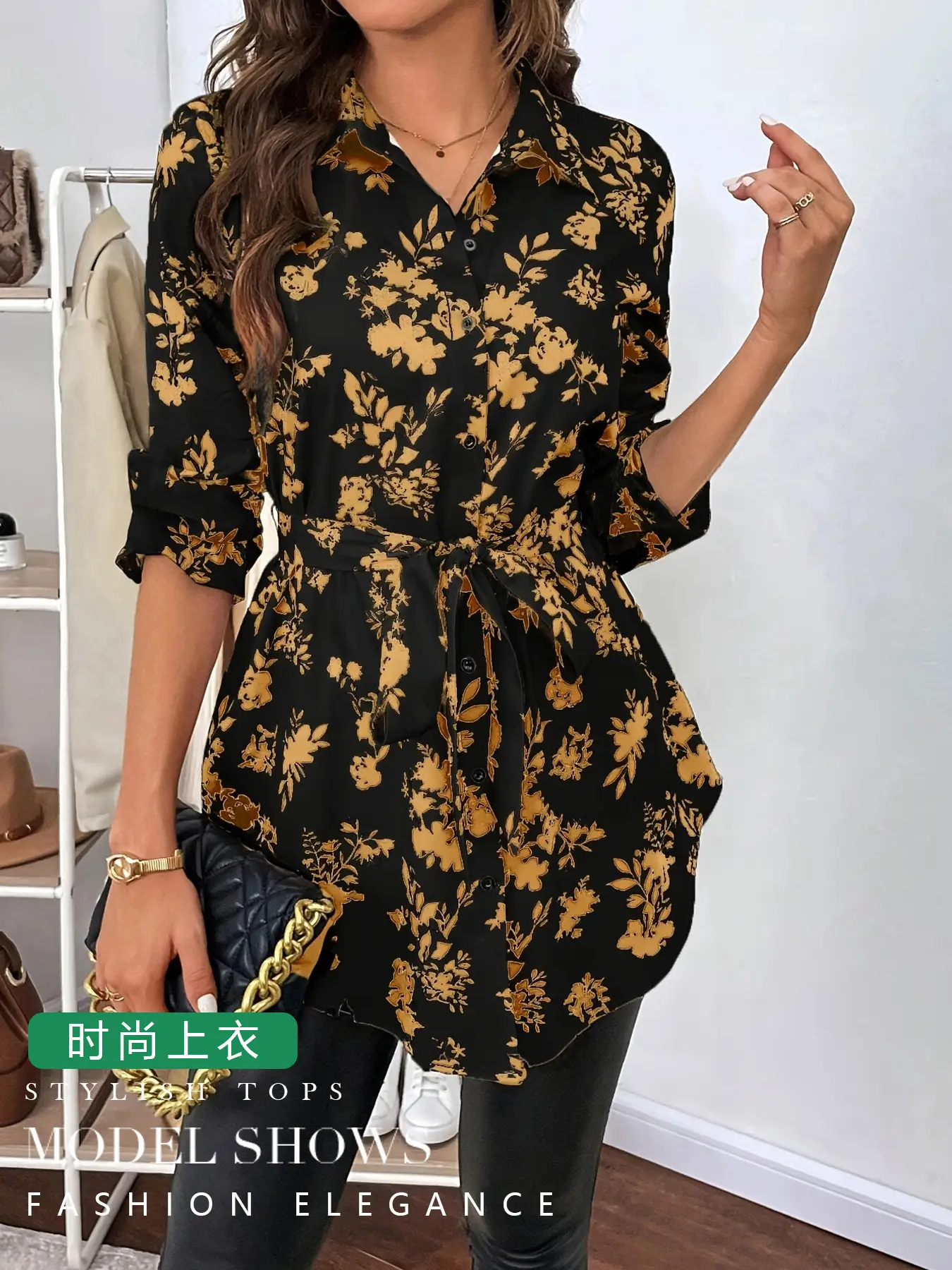 Women Floral Print Belted Long Sleeve Shirt Black Gold — feature 5