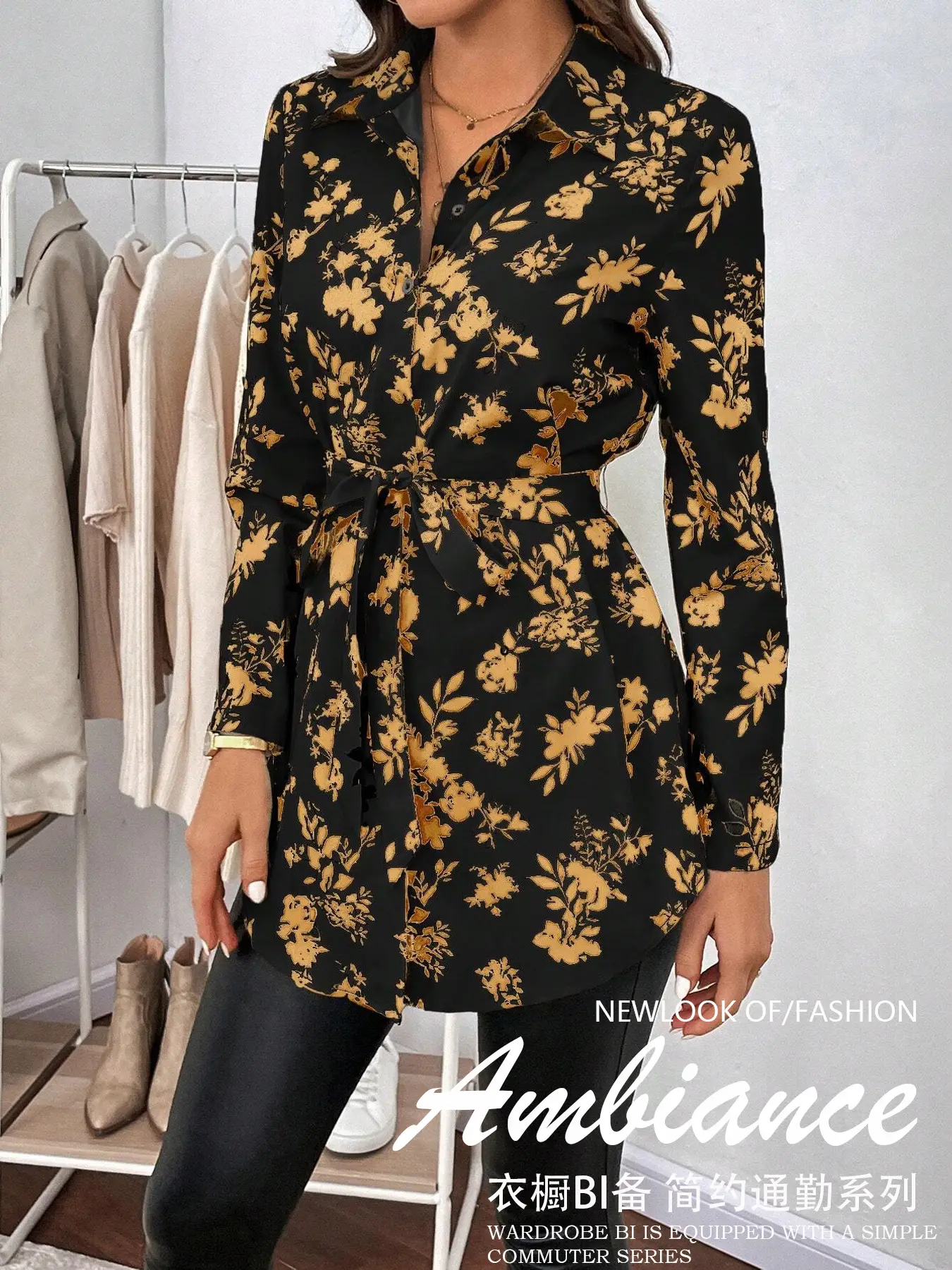 Women Floral Print Belted Long Sleeve Shirt Black Gold — feature 7