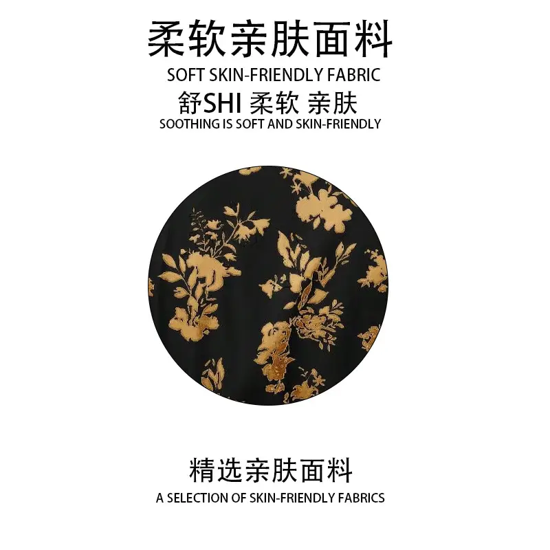 Women Floral Print Belted Long Sleeve Shirt Black Gold — feature 9