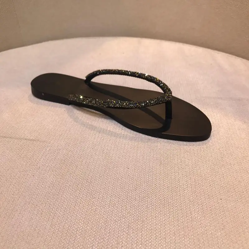 2026 Summer New Style Flip-Flops with Rhinestones, Flat Thong Sandals for Outdoor Wear, Beach Sandals for Women, Black Versatile Style - Image 4