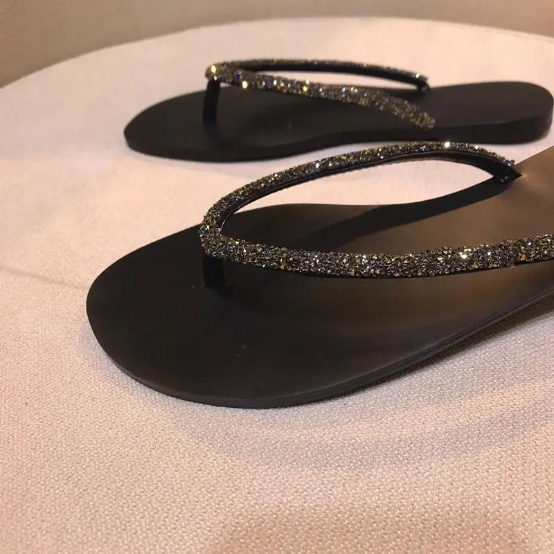 2026 Summer New Style Flip-Flops with Rhinestones, Flat Thong Sandals for Outdoor Wear, Beach Sandals for Women, Black Versatile Style - Image 5