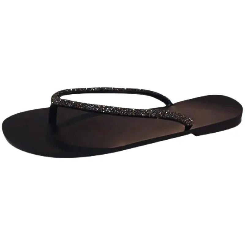 2026 Summer New Style Flip-Flops with Rhinestones, Flat Thong Sandals for Outdoor Wear, Beach Sandals for Women, Black Versatile Style - Image 6