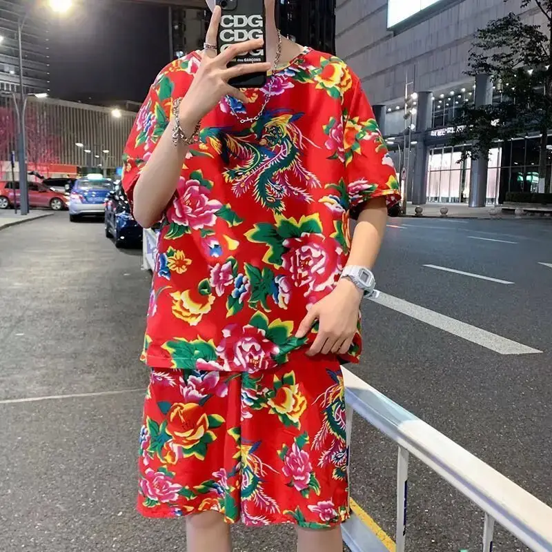 Red Floral Short Sleeve T-Shirt Shorts Set for Men Women