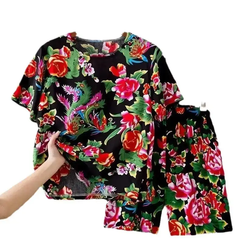 Red Floral Short Sleeve T-Shirt Shorts Set for Men Women