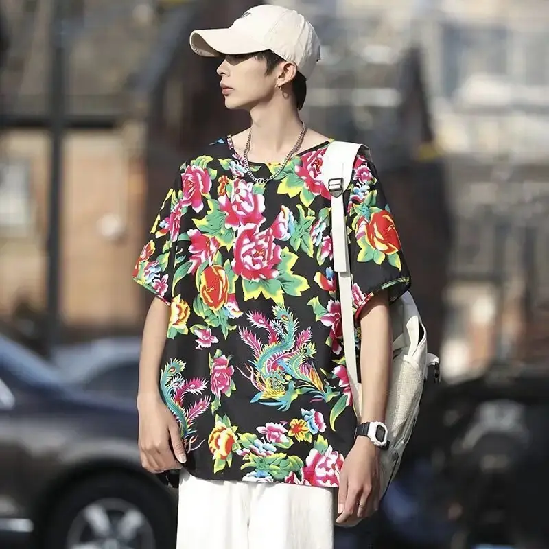 Red Floral Short Sleeve T-Shirt Shorts Set for Men Women — feature 11