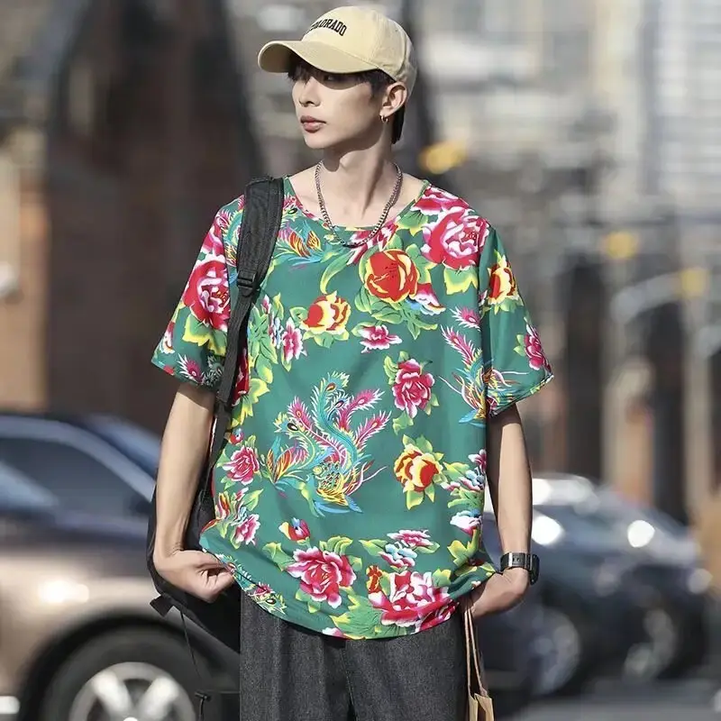 Red Floral Short Sleeve T-Shirt Shorts Set for Men Women — feature 9