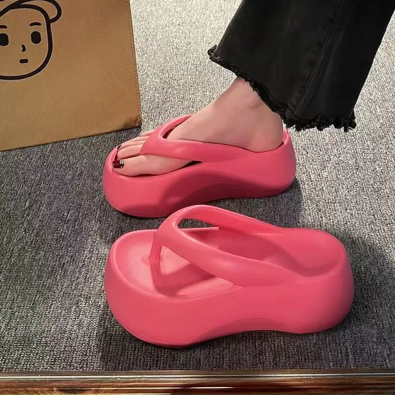 7.0cm Slip-on Feeling Thick Bottom Slippers Women's Outer Wear Summer New Korean Style Clip Flip-flops Casual High Heel Slippers