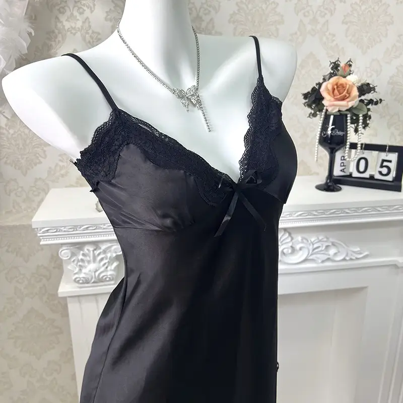 3080 Ice Silk Nightgown Summer Women's Sexy Pajamas plus size Pure Desire Sling Breast Cotton High-end French Style Home Clothes