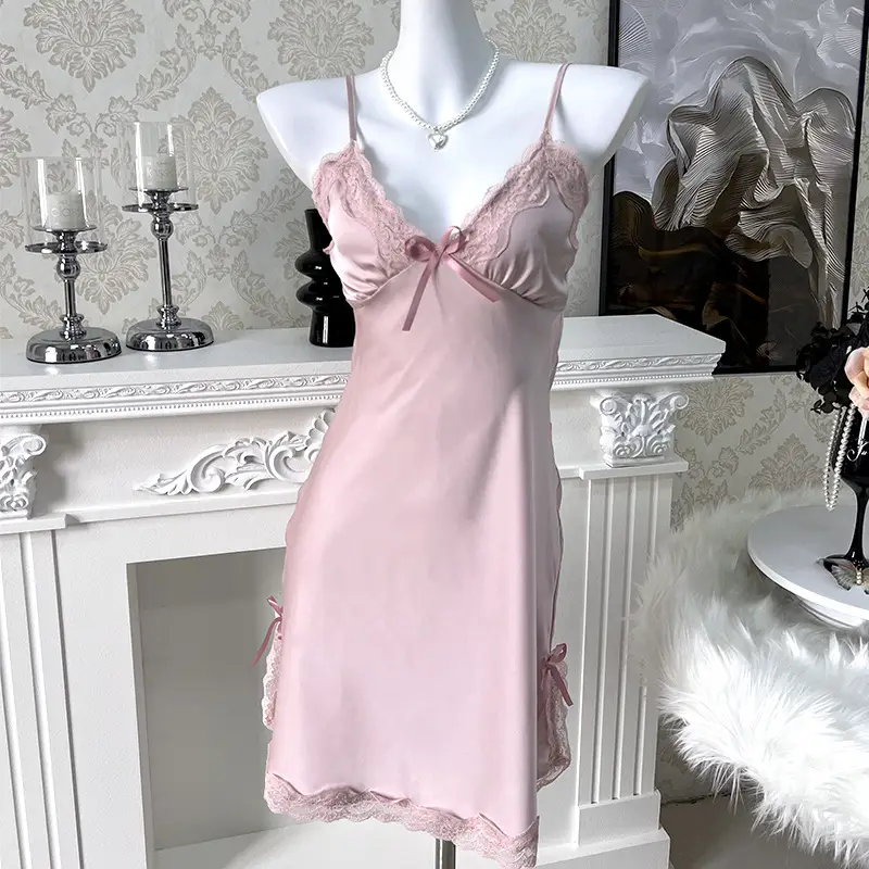 3080 Ice Silk Nightgown Summer Women's Sexy Pajamas plus size Pure Desire Sling Breast Cotton High-end French Style Home Clothes