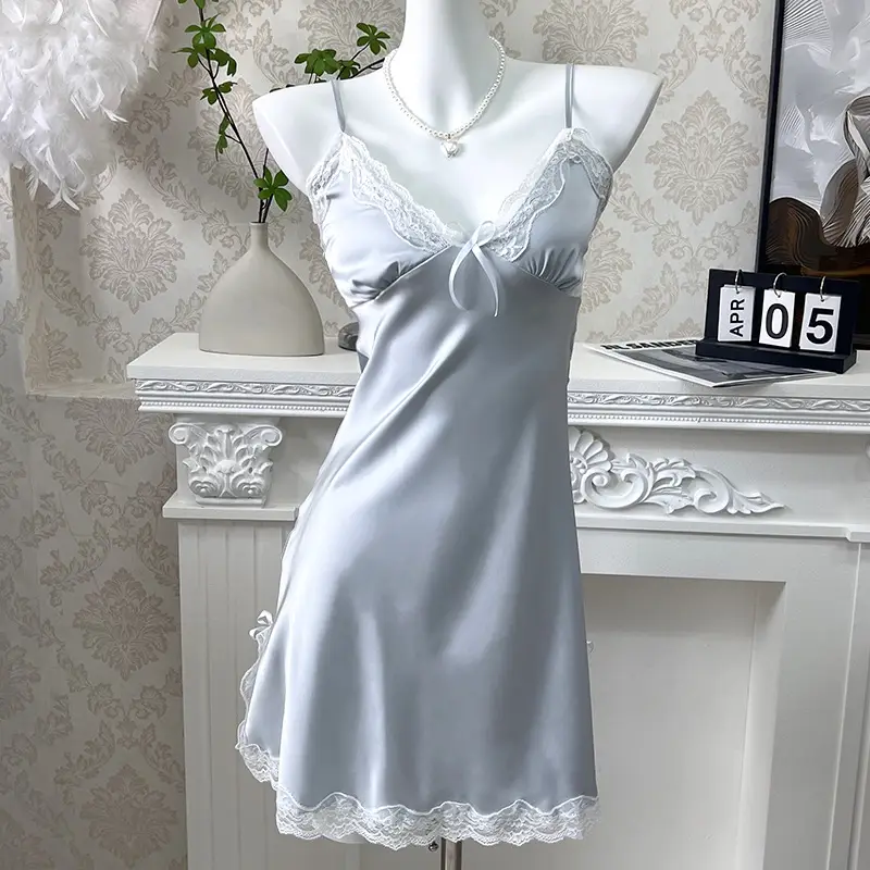 3080 Ice Silk Nightgown Summer Women's Sexy Pajamas plus size Pure Desire Sling Breast Cotton High-end French Style Home Clothes — feature 1