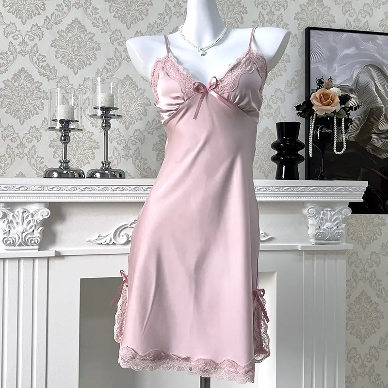 3080 Ice Silk Nightgown Summer Women's Sexy Pajamas plus size Pure Desire Sling Breast Cotton High-end French Style Home Clothes — feature 8