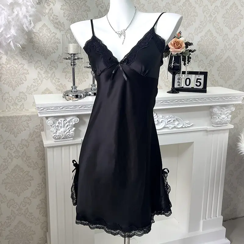 3080 Ice Silk Nightgown Summer Women's Sexy Pajamas plus size Pure Desire Sling Breast Cotton High-end French Style Home Clothes