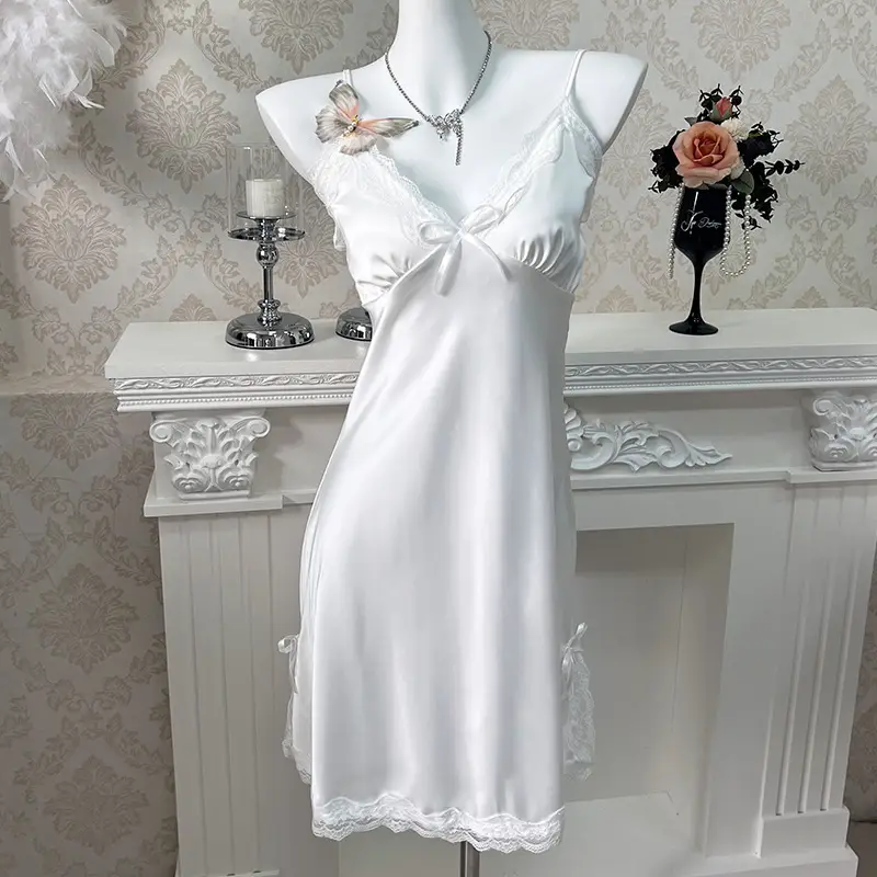 3080 Ice Silk Nightgown Summer Women's Sexy Pajamas plus size Pure Desire Sling Breast Cotton High-end French Style Home Clothes