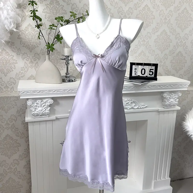3080 Ice Silk Nightgown Summer Women's Sexy Pajamas plus size Pure Desire Sling Breast Cotton High-end French Style Home Clothes