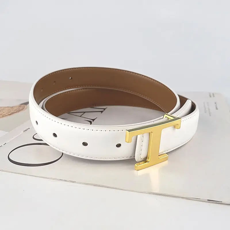 White T-Bracket Buckle Belt for Women with Genuine Leather - Image 19