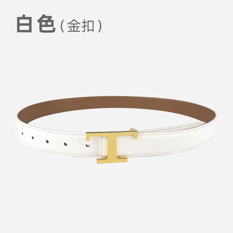 White T-Bracket Buckle Belt for Women with Genuine Leather - Image 2