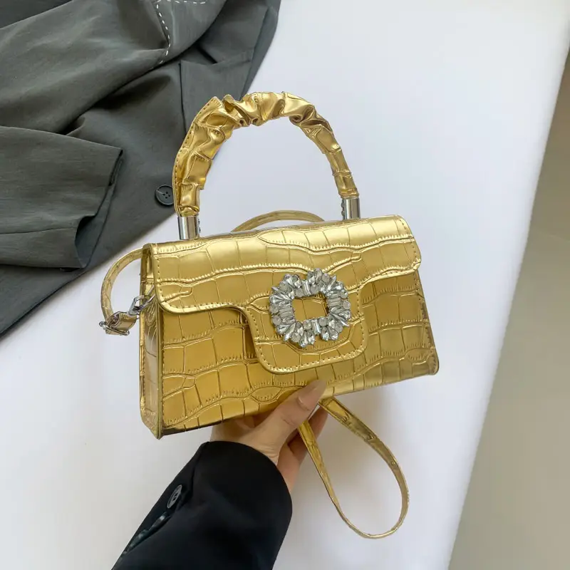 Golden Pleated Diamond Handbag for Women - Image 4
