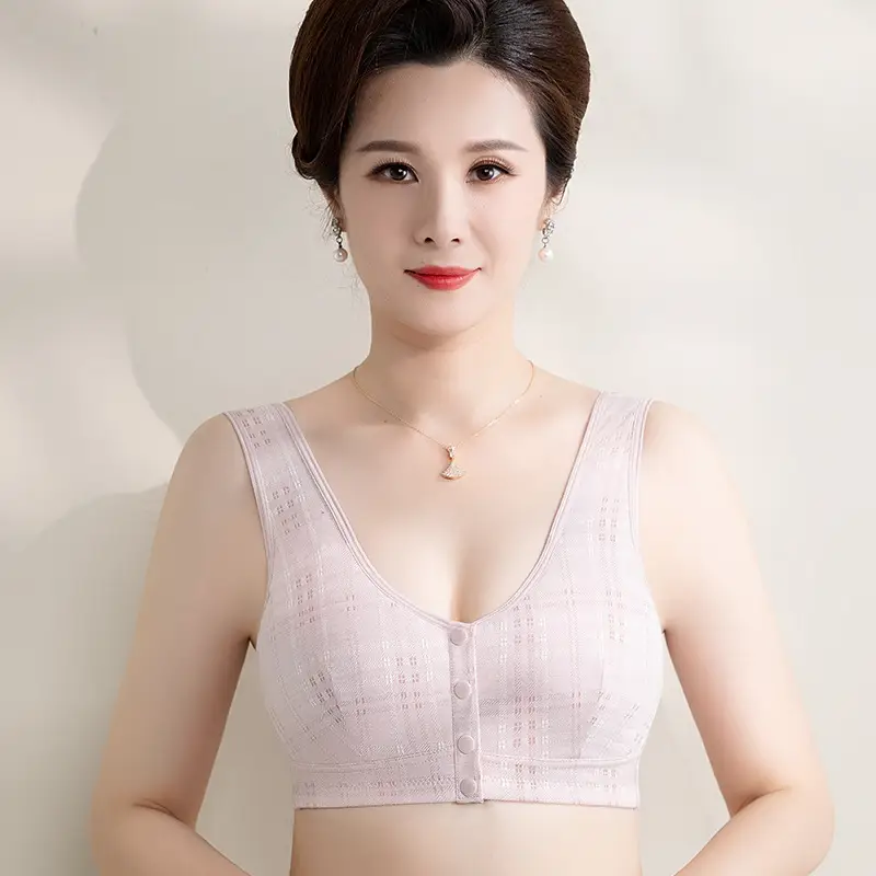 Mom's Underwear Vest Front Buckle Bra No Steel Ring Middle-aged Women's Super plus size Summer Thin Plaid Bra