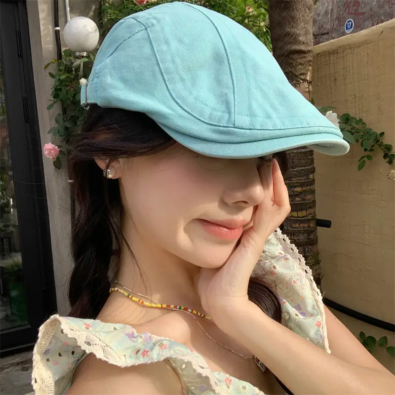 Japanese British Lake Blue Retro Denim Forward Hat Women's Spring and Summer Reverse Beret Short-brimmed Niche Duck Tongue Hat - Image 9