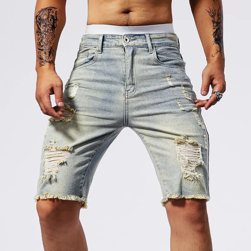 Men 5 Point Ripped Denim Shorts Light Wash Black - Image 5
