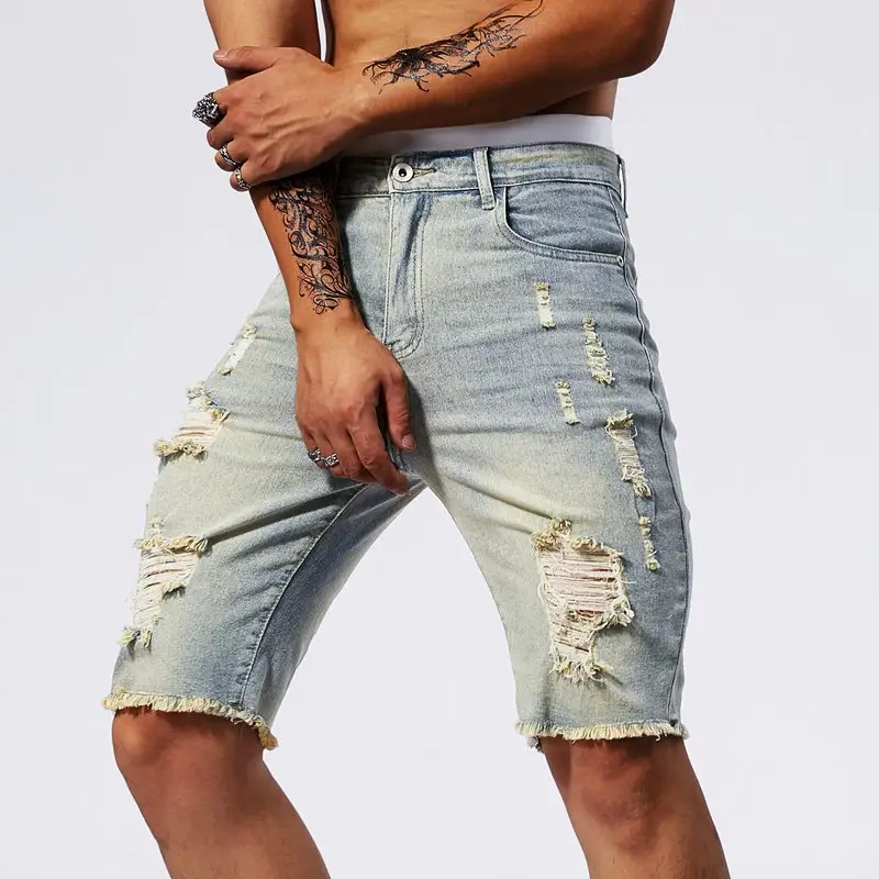Men 5 Point Ripped Denim Shorts Light Wash Black - Image 6
