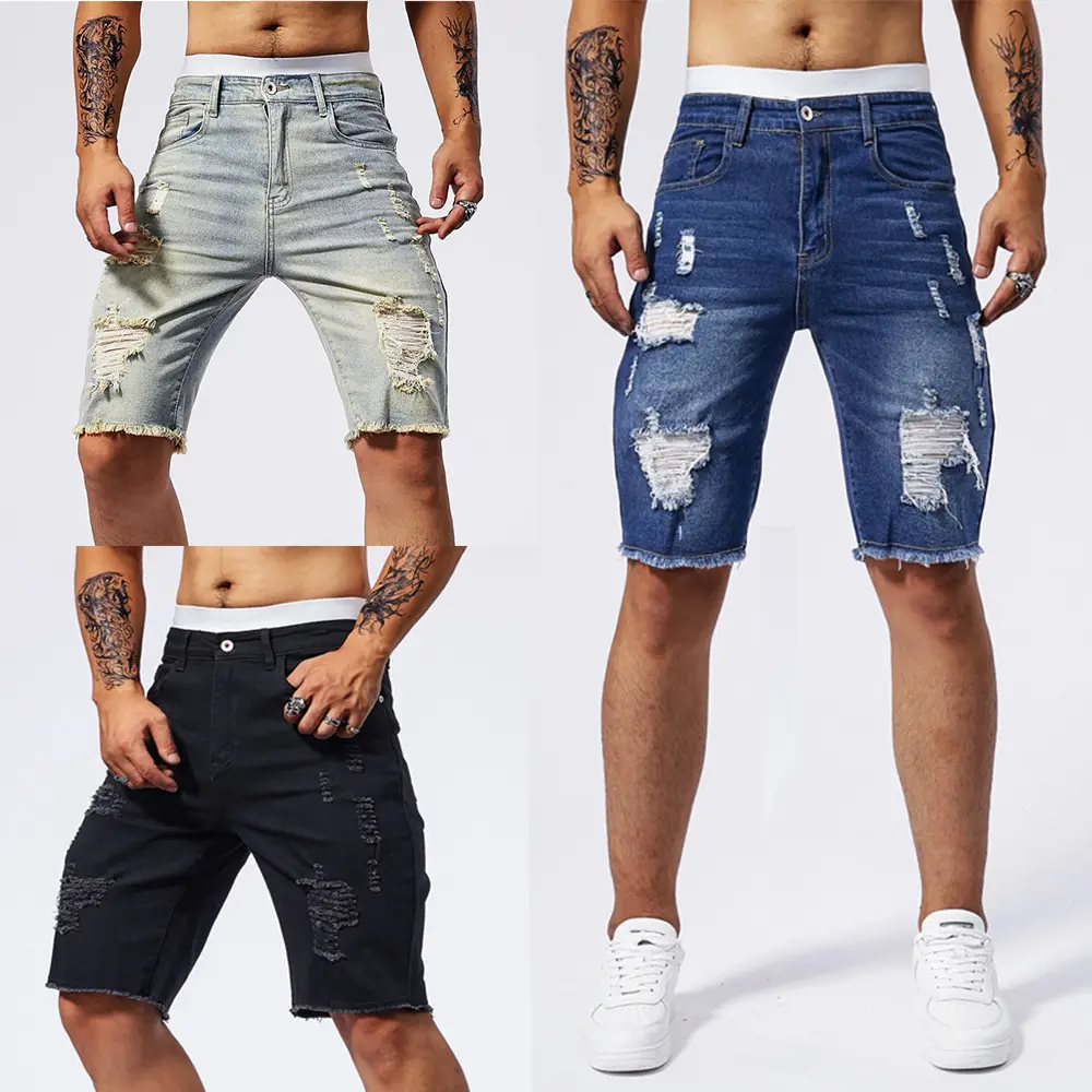 Men 5 Point Ripped Denim Shorts Light Wash Black - Image 7