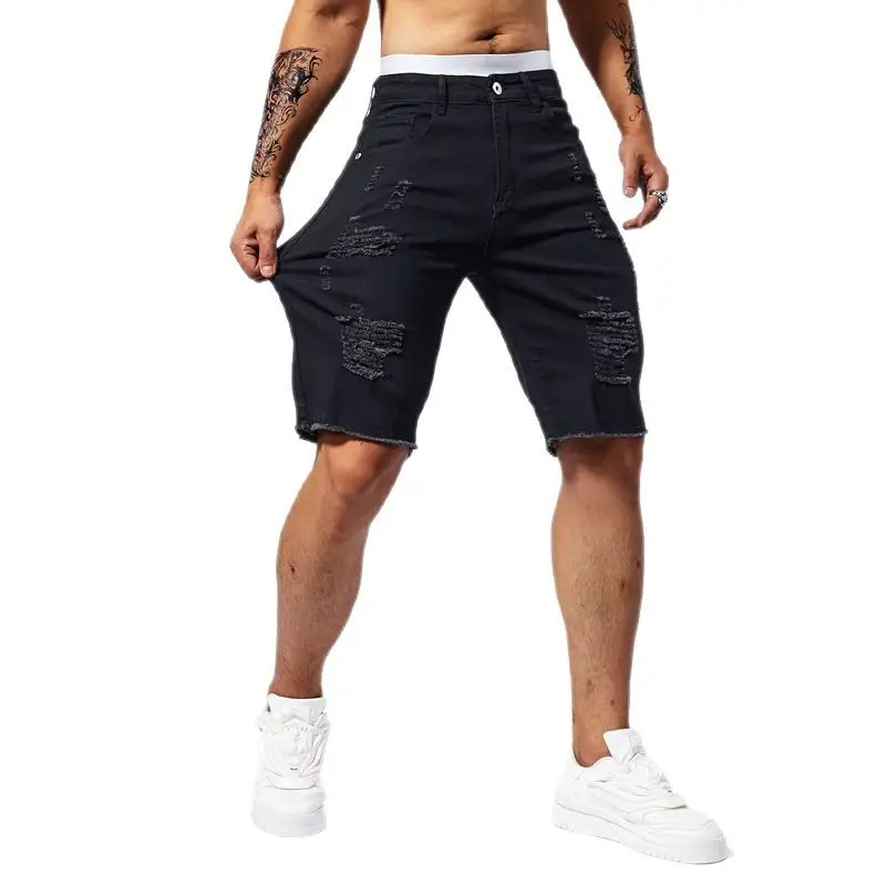 Men 5 Point Ripped Denim Shorts Light Wash Black - Image 8