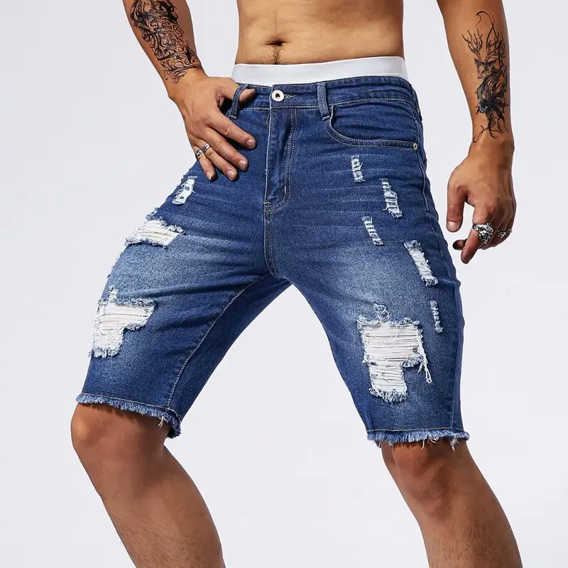 Men 5 Point Ripped Denim Shorts Light Wash Black — feature 10