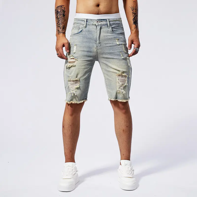 Men 5 Point Ripped Denim Shorts Light Wash Black — feature 11