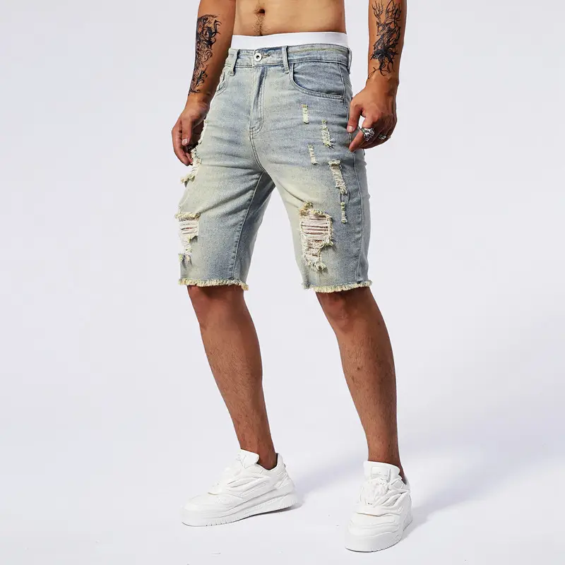 Men 5 Point Ripped Denim Shorts Light Wash Black — feature 12