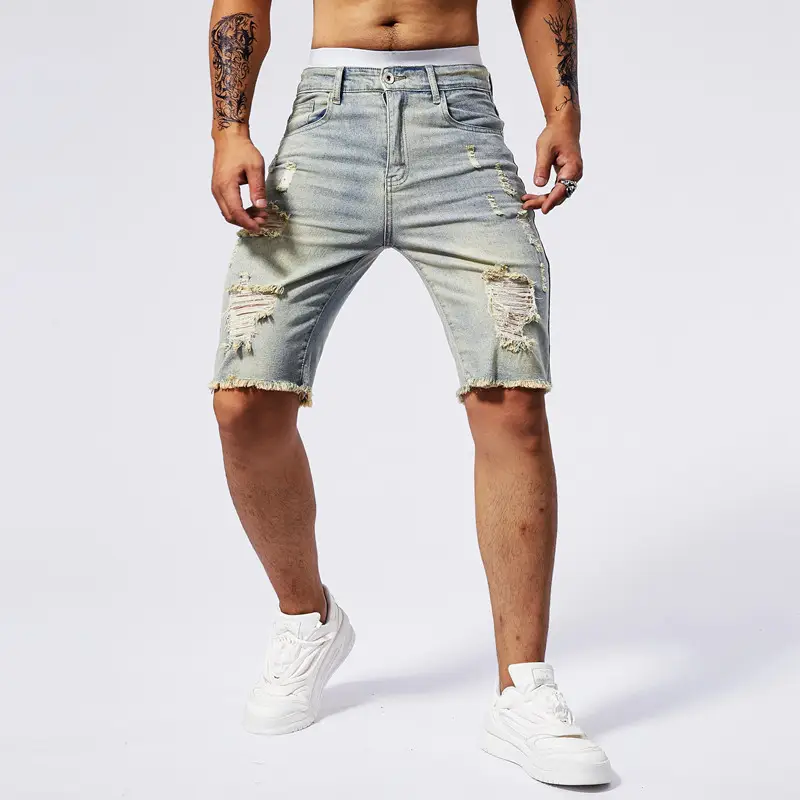 Men 5 Point Ripped Denim Shorts Light Wash Black — feature 13