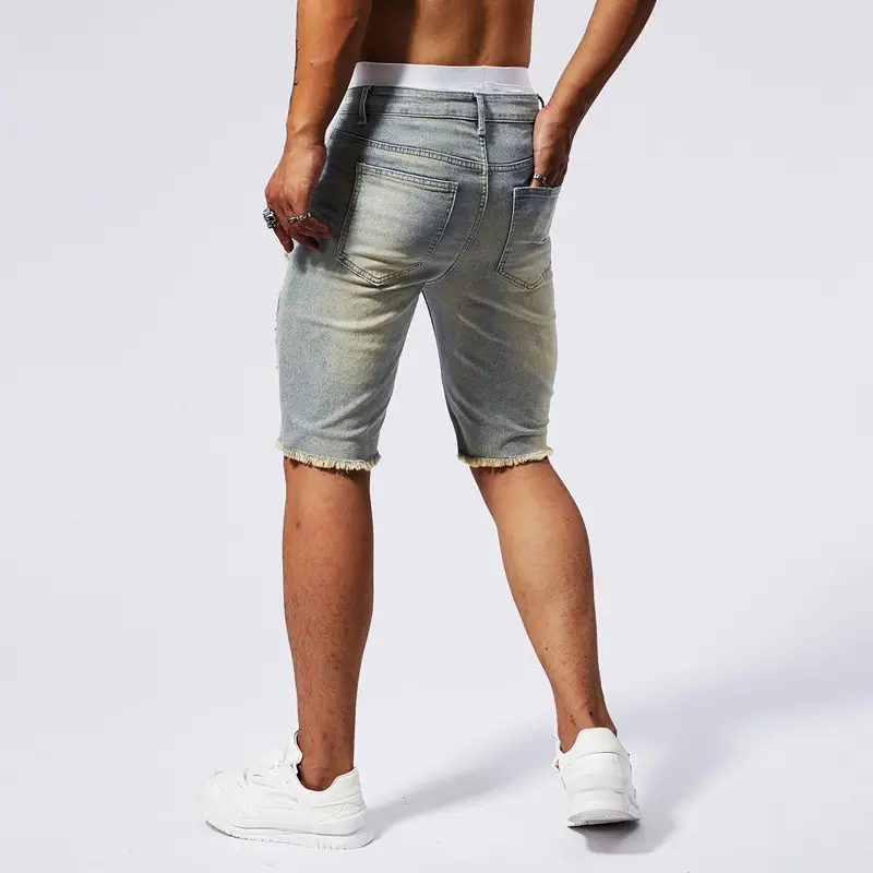 Men 5 Point Ripped Denim Shorts Light Wash Black — feature 14