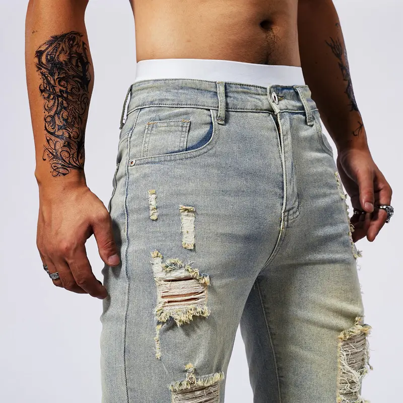 Men 5 Point Ripped Denim Shorts Light Wash Black — feature 15