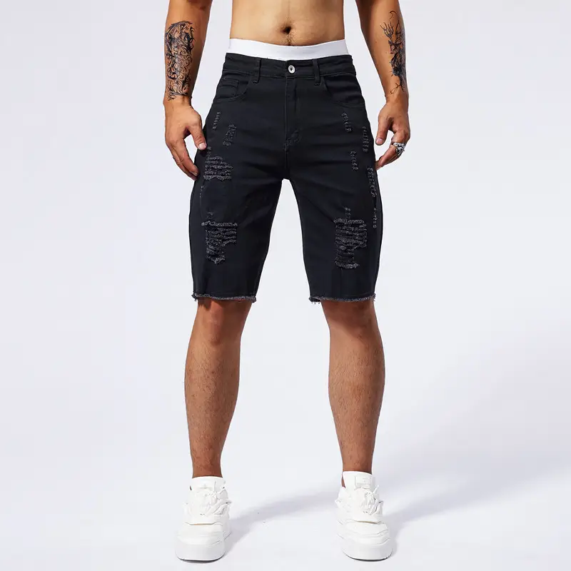 Men 5 Point Ripped Denim Shorts Light Wash Black — feature 3