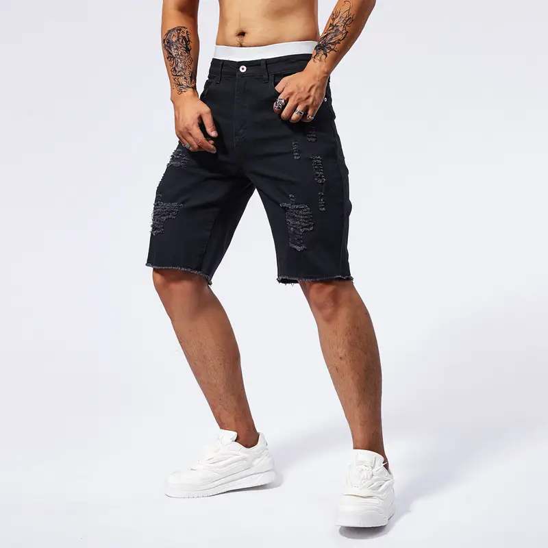 Men 5 Point Ripped Denim Shorts Light Wash Black — feature 4