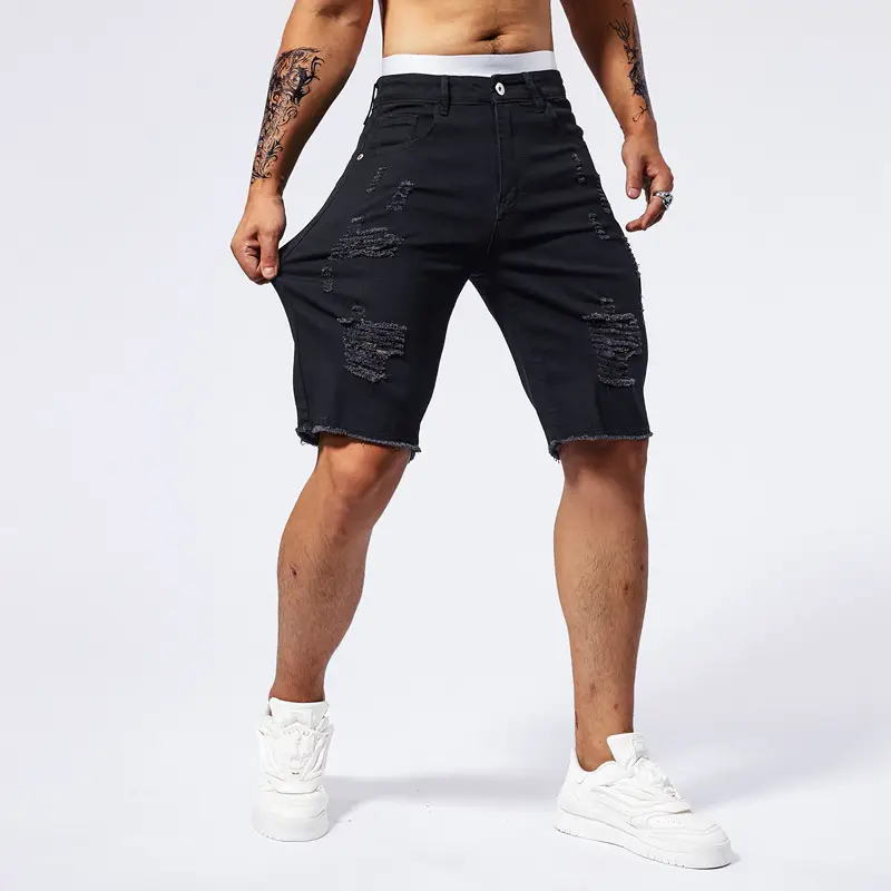 Men 5 Point Ripped Denim Shorts Light Wash Black — feature 5