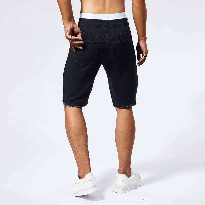Men 5 Point Ripped Denim Shorts Light Wash Black — feature 6