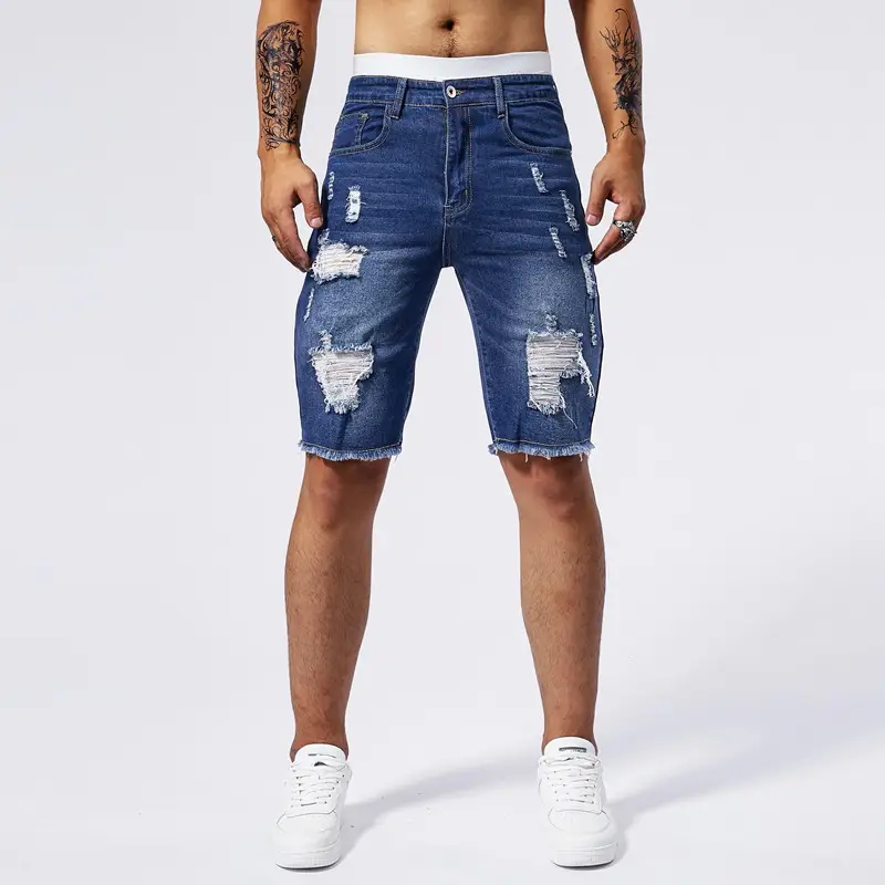 Men 5 Point Ripped Denim Shorts Light Wash Black — feature 7