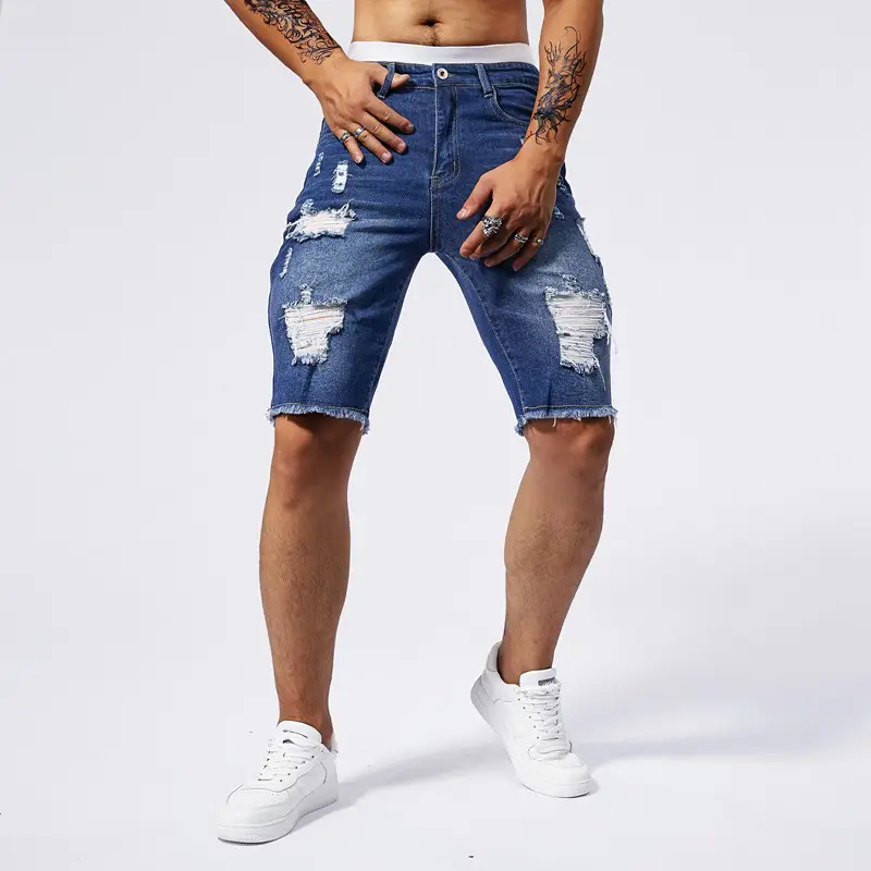 Men 5 Point Ripped Denim Shorts Light Wash Black — feature 8