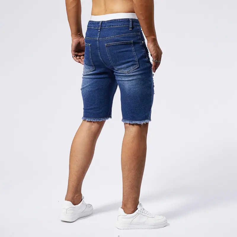 Men 5 Point Ripped Denim Shorts Light Wash Black — feature 9