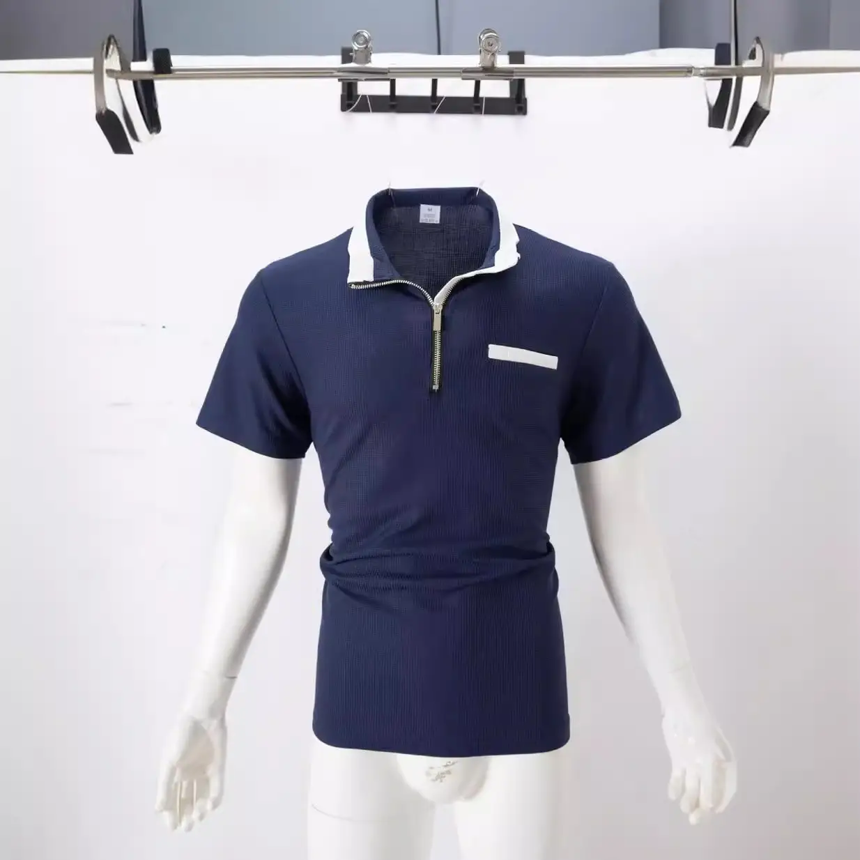 Men's Navy Polo Shirt with Zipper Pocket 2024 Summer - Image 8