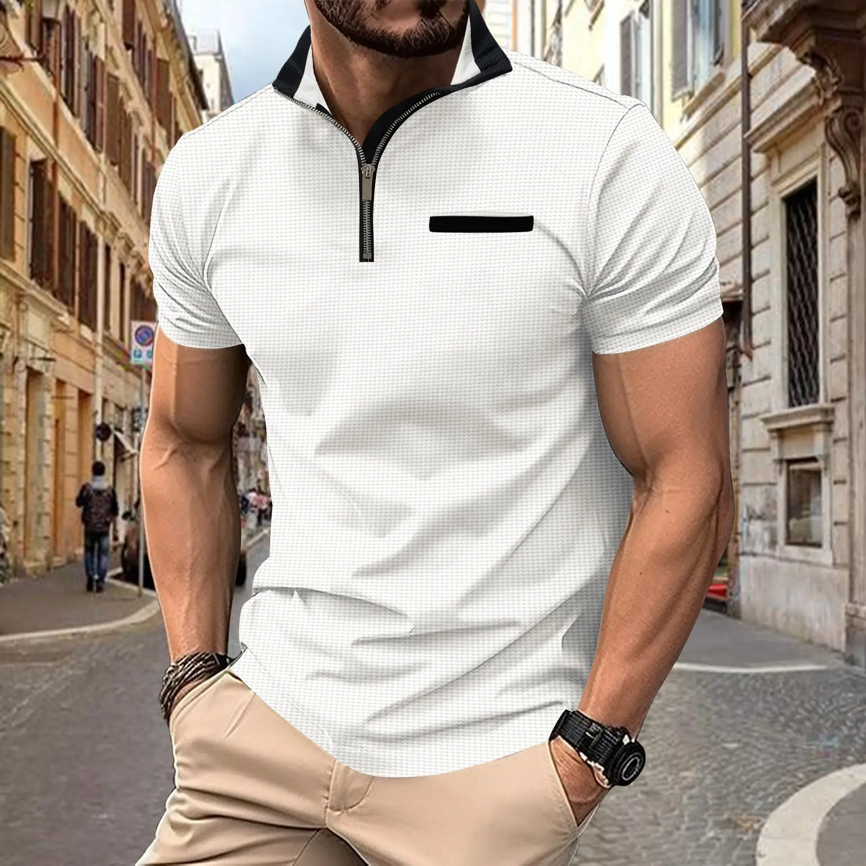 Men's Navy Polo Shirt with Zipper Pocket 2024 Summer - Image 9