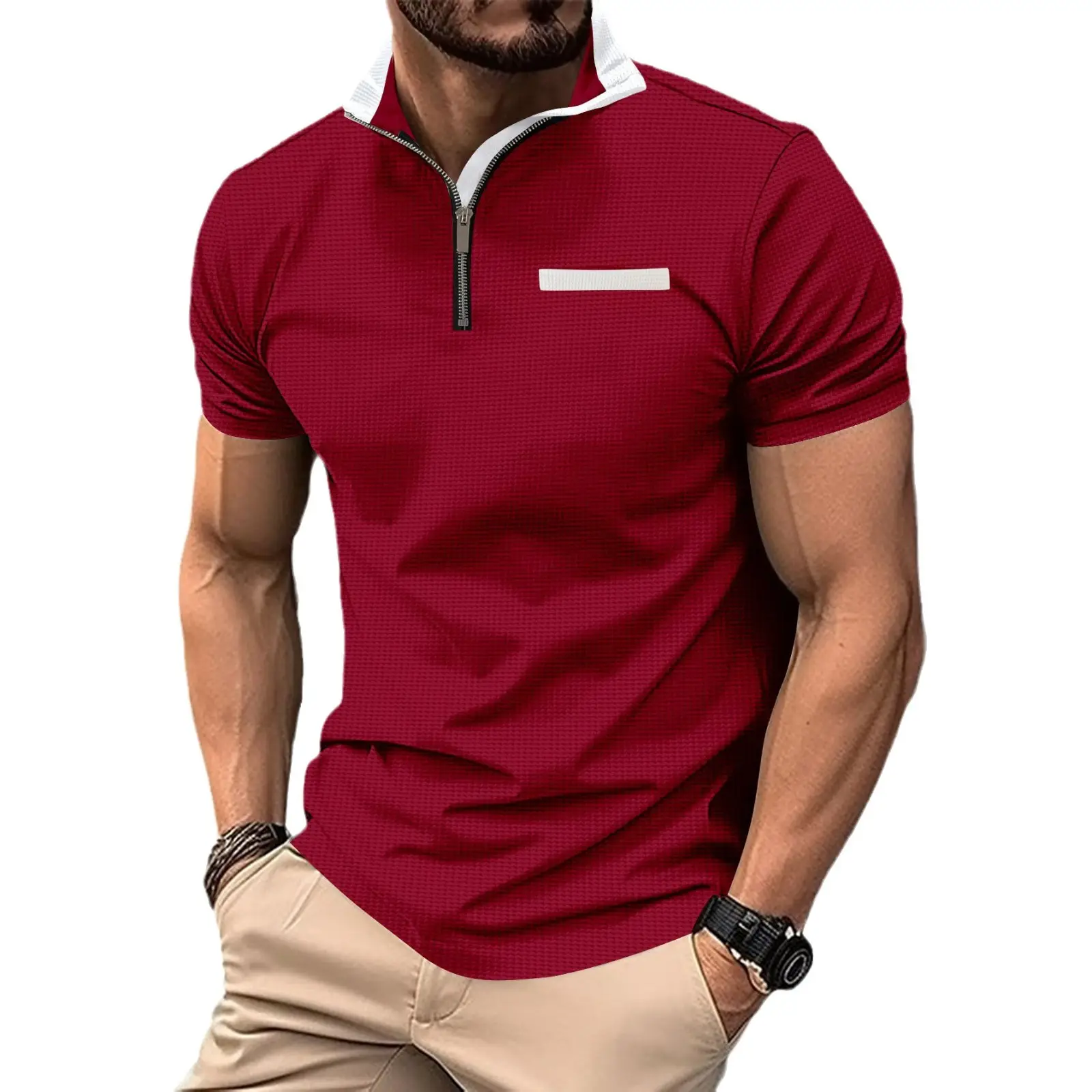 Men's Navy Polo Shirt with Zipper Pocket 2024 Summer - Image 11