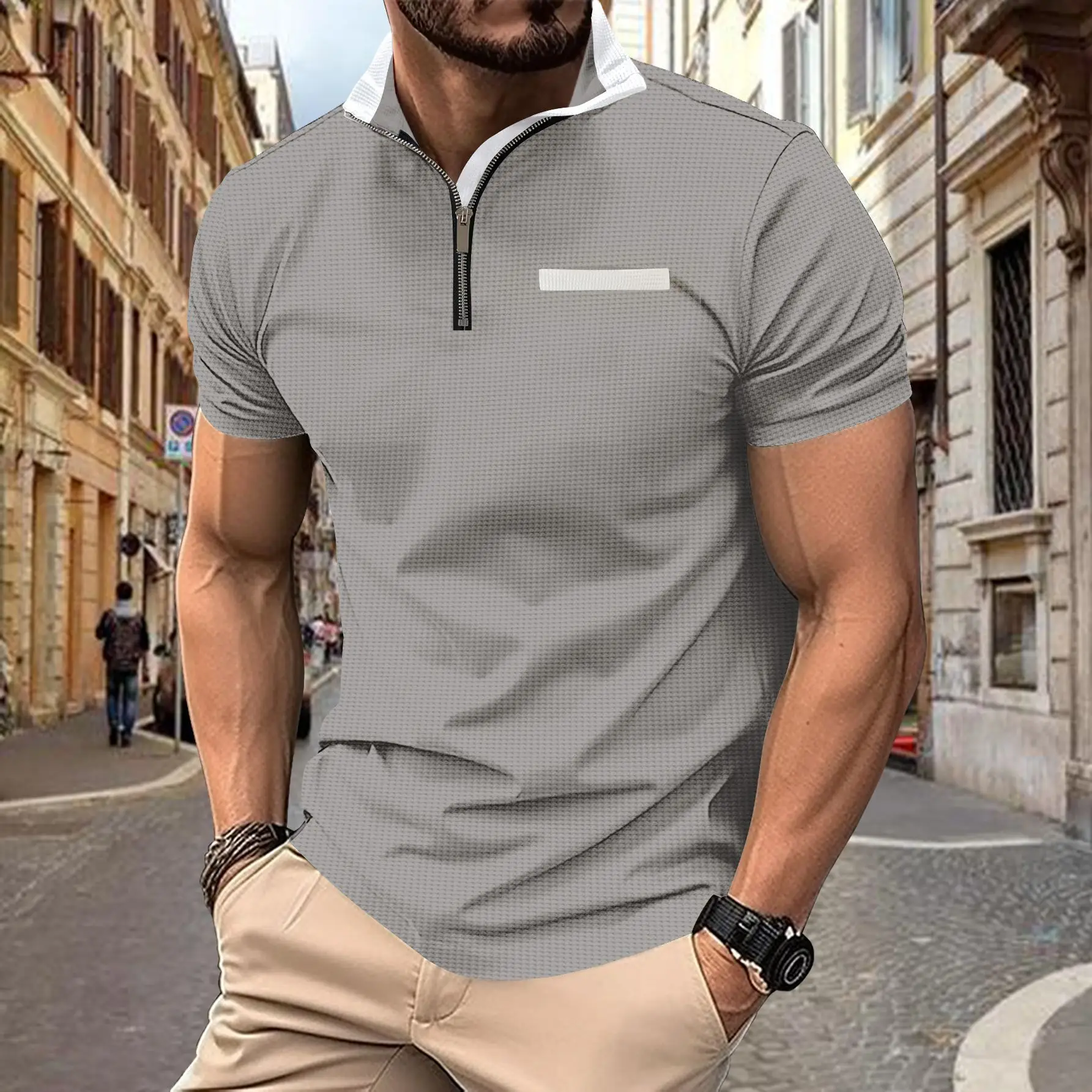 Men's Navy Polo Shirt with Zipper Pocket 2024 Summer - Image 2