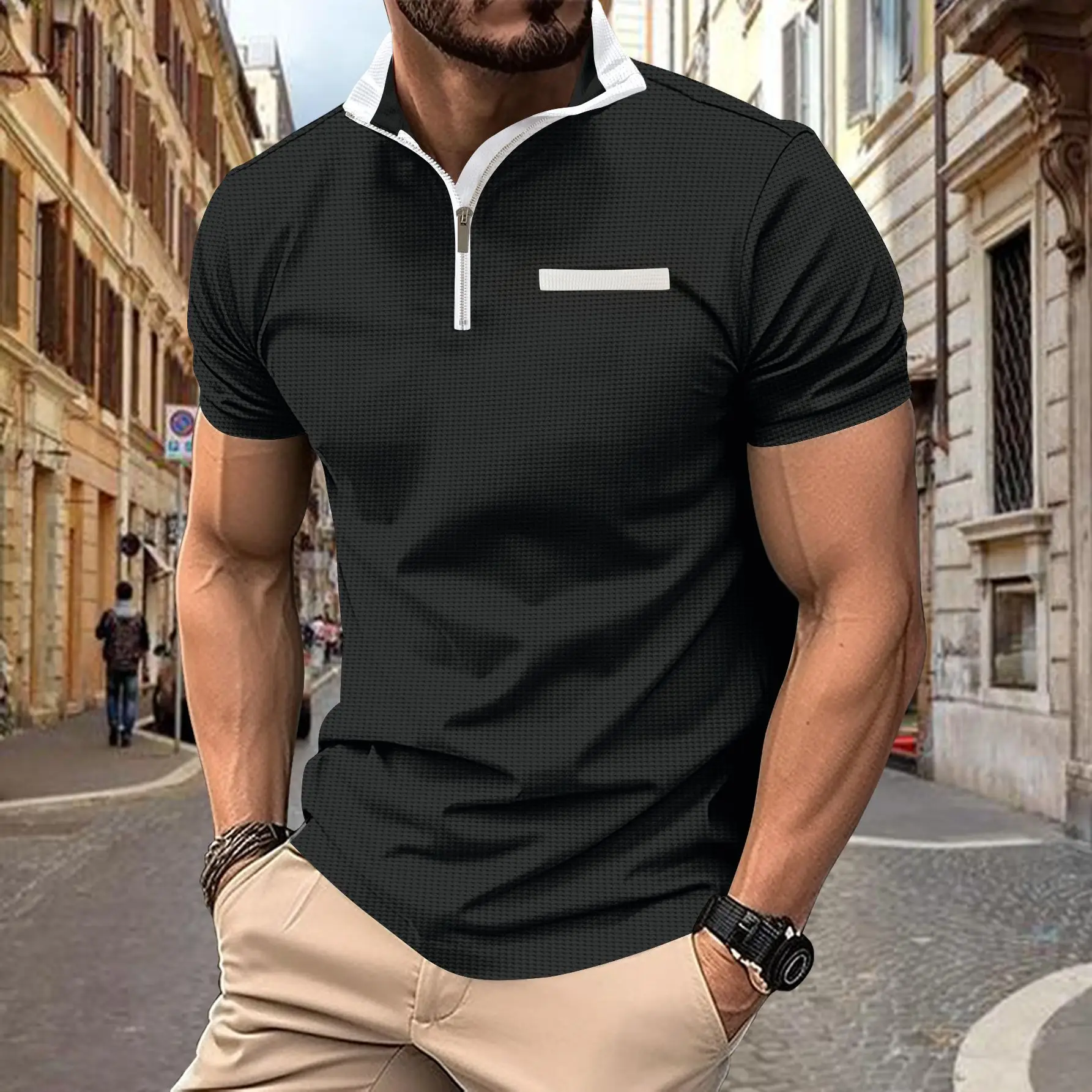 Men's Navy Polo Shirt with Zipper Pocket 2024 Summer - Image 3