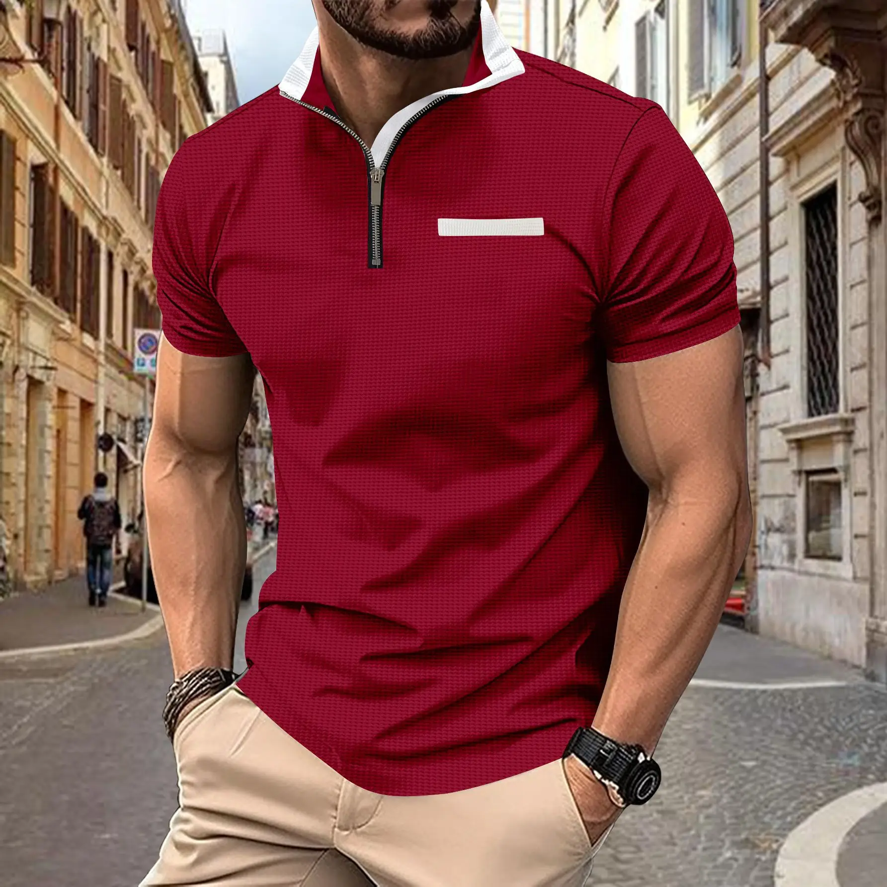 Men's Navy Polo Shirt with Zipper Pocket 2024 Summer - Image 4