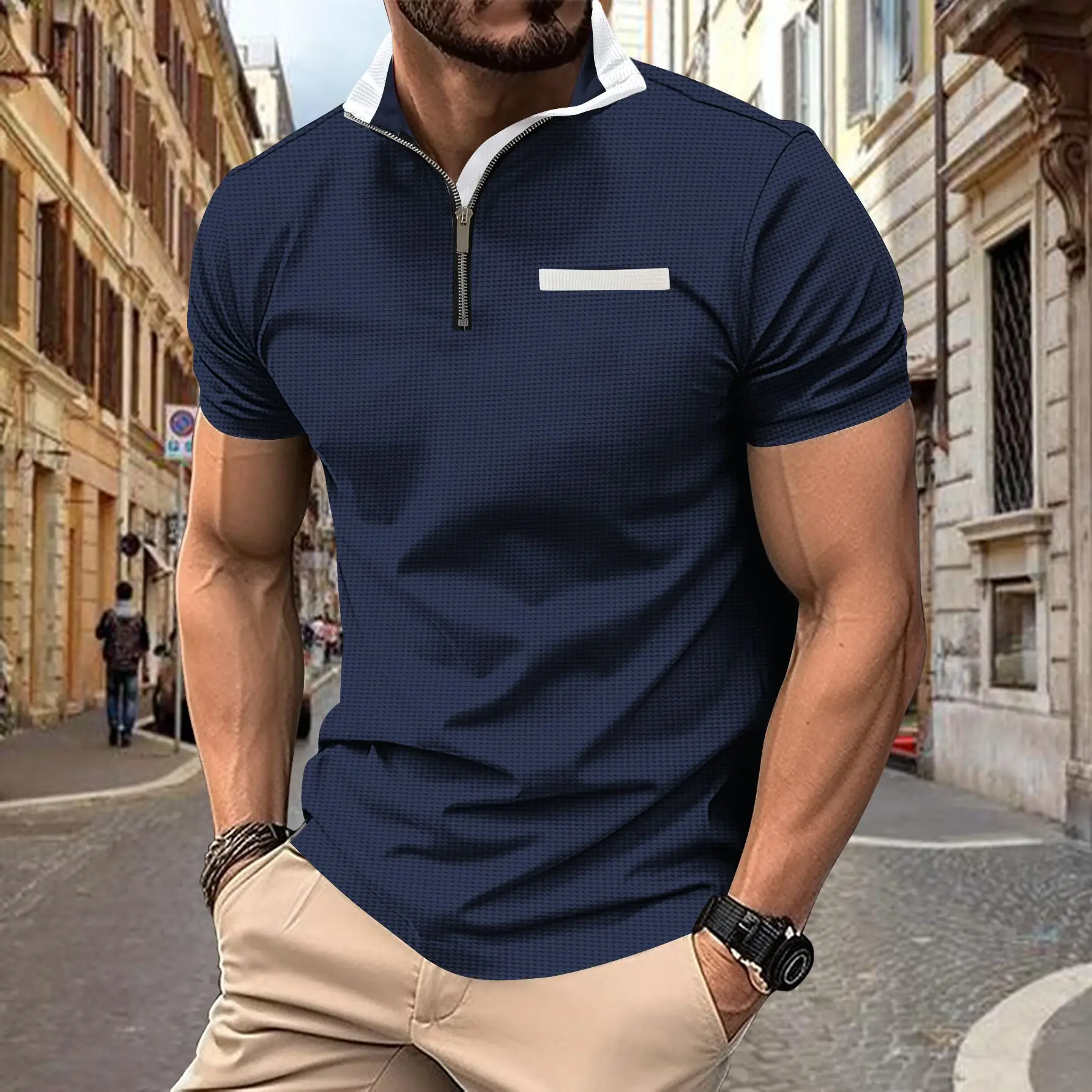 Men's Navy Polo Shirt with Zipper Pocket 2024 Summer - Image 5